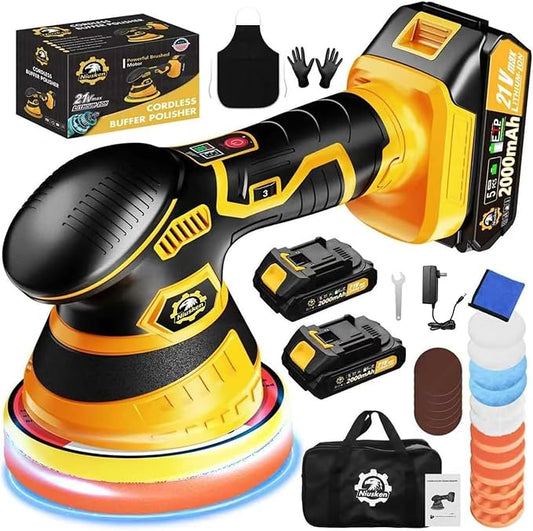 Cordless Car Buffer Polisher kit [2x 2000mAh 21V Batteries & 18 PCS Attachments] 6-Speed Orbital Design, LED Display, 6 Inch Lightweight Detailing Tool for Waxing, Polishing & Scratch Removal