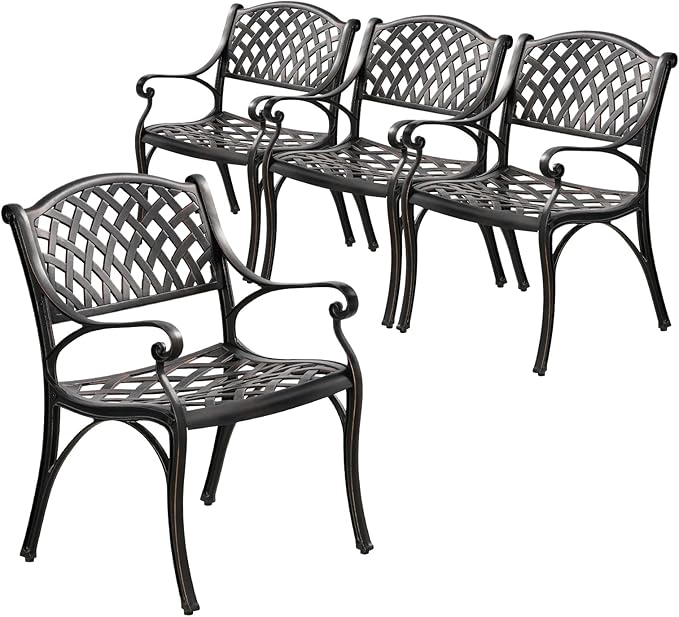 Cast Aluminum Outdoor Dining Chairs Set of 4, 4 Piece All Weather Cast Aluminum Patio Bistro Chairs with Armrest for Balcony, Backyard, Garden