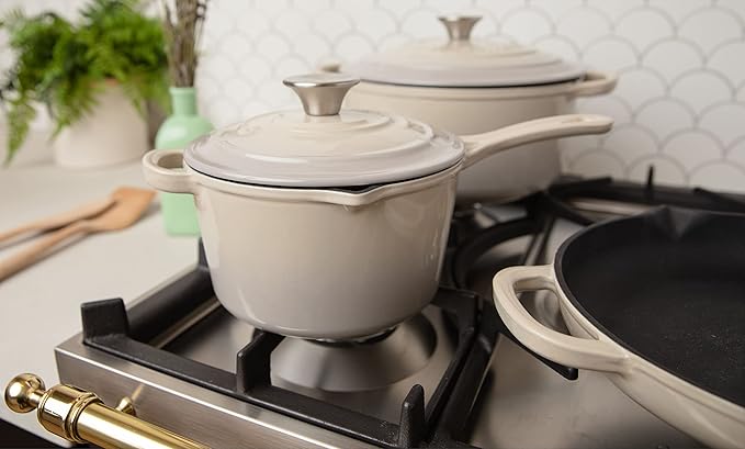 Larder & Vine 5-Piece Enameled Cast Iron Cookware Set - Includes 5.7 Quart Dutch Oven with Lid, 10.25 Inch Skillet, 2.2 Quart Saucepan with Lid (Stone)