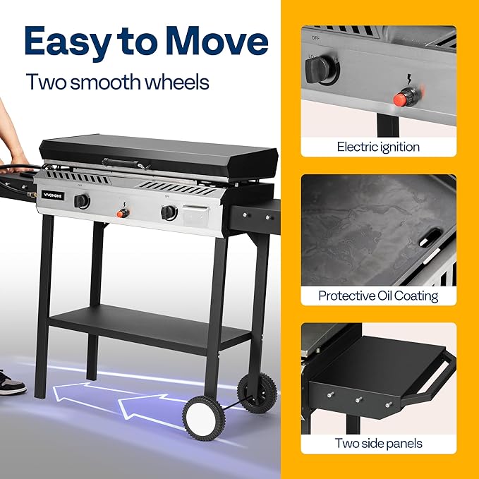 VIVOHOME 2-Burner Outdoor Griddle Station with Detachable Griddle Plate, Portable Propane Gas Stove with 2 Wheels, Multifunctional BBQ Grill for Backyard, Camping, and Tailgating