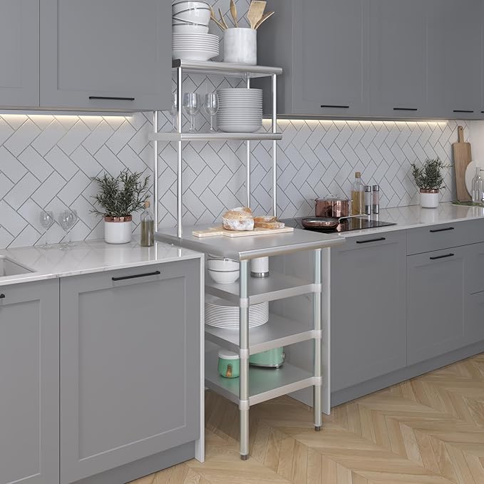 Amgood 30" x 24" Stainless Steel Work Table with 3 Shelves and 12" Wide Double Tier Overshelf | Metal Kitchen Prep Table & Shelving Combo | NSF