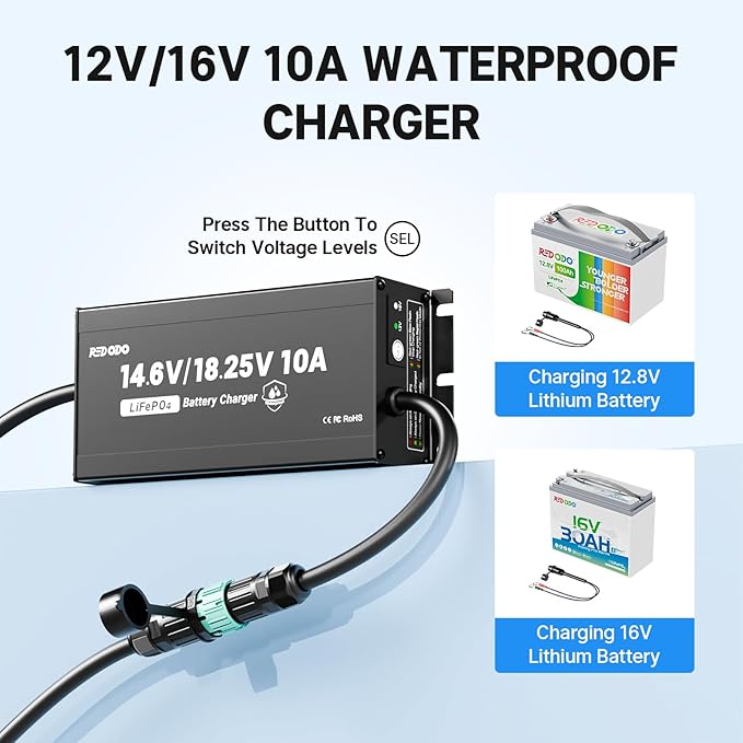 Redodo 14.6V/18.25V 10A Lithuim Battery Charger for Lithium Iron Phosphate Battery,Support Fast Charging,with IP65 Waterproof Design,LED Indicators,Designed for Deep Cycle LiFePO4 Battery Charging