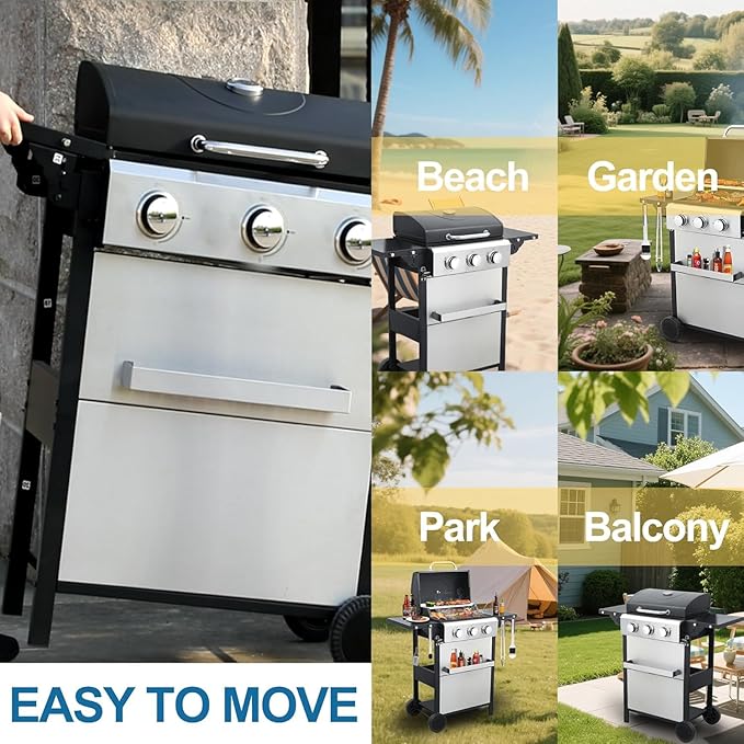 3 Burner Propane Gas Grill, Stainless Steel BBQ Grill, 2 Enameled Cast Iron Grill Grates, Portable with Wheels, 25,950 BTU, Outdoor Barbecue Grills