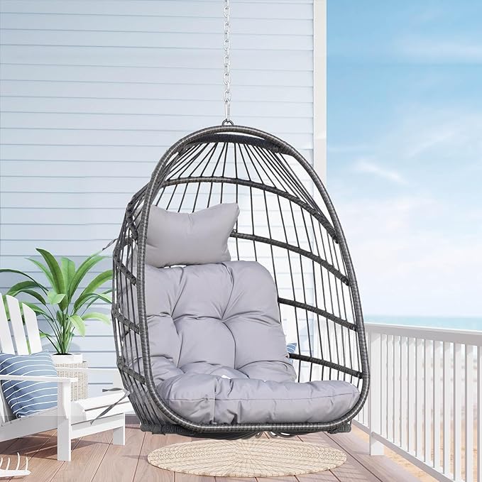 Nicesoul Hanging Egg Chair Outdoor Without Stand, Indoor Swing Egg Basket Ceiling Tree Chairs with Cushion, 350lbs Egg-Shaped Hammock Chair No Stand for Patio, Backyard, Balcony, Bedroom,Porch, Gray