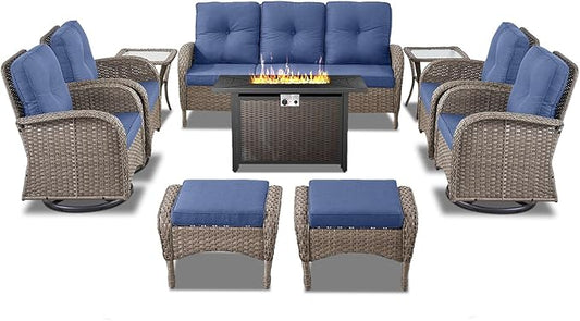 Belord Expansive 10 Pieces Outdoor Patio Furniture Set with 43” Propane Fire Pit Table, Patio Conversation Set with Swivel Rocker Outdoor Chairs Set of 4 and Sofa, Ottoman and Wicker Side Table