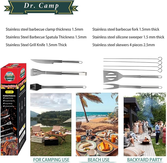 Dr. Camp 9 PCS Grilling Accessories, Grill Set Tools, Stainless Steel Material, BBQ Tool Set
