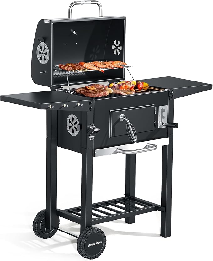 MASTER COOK Charcoal Grills with Two Foldable Side Tables，18’’ Outdoor Smoke Barbecue bbq grill for Camping, Backyard Party, Patio, Picnic, Garden, Black
