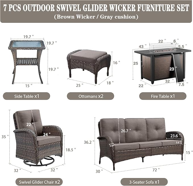 Belord 8 Piece Patio Furniture Set with 50000 BTU Propane Fire Pit Table, Outdoor Conversation Set with 2 Swivel Rocker Chairs Wicker Sofa and Ottomans for Casual Gatherings Grey