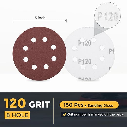 HARFINGTON 150 Pcs 5 Inch Sanding Discs, 120 Grit Hook and Loop Sandpaper, 8-Hole Aluminum Oxide Round Orbital Sander Sandpaper for Woodworking Automotive Metal Polishing, Red