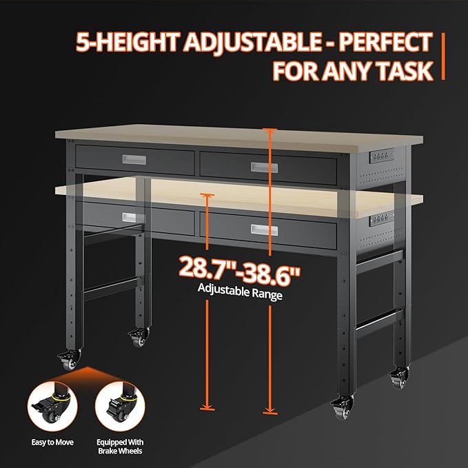 60" Heavy Duty Workbench with Power Outlets, Pegboard & Storage Drawers, 2000 LBS Capacity Rolling Work Table with Wheels, Hooks & Rack for Garage, Workshop, Office, Home