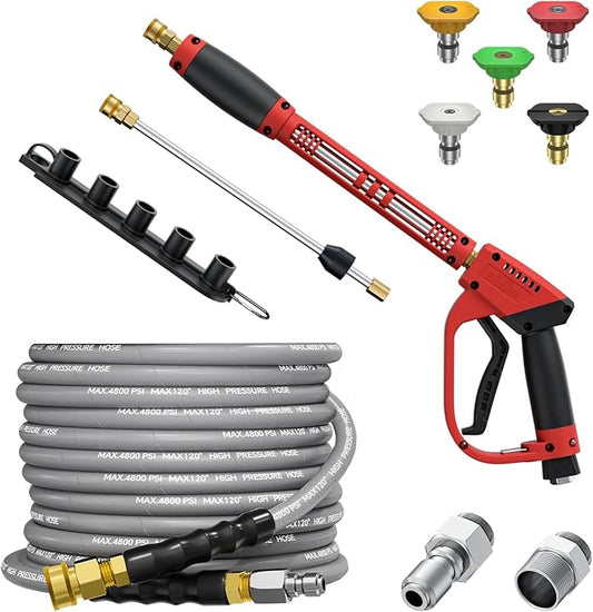 5000PSI Pressure Washer Gun and Hose Kit, 25FT Kink Resistant Steel Braided Power Washer Hose with 3/8" Swivel Quick Connector and M22 14mm Adapters Replacement/30" Extension Washer Wand
