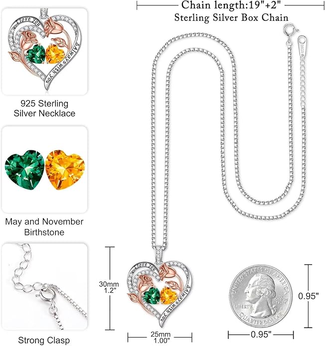 Iefil Christmas Gifts for Women Wife - 925 Sterling Silver Rose Heart Birthstone Necklace Birthday Anniversary Jewelry Gifts for Her Wife Mom Daughter