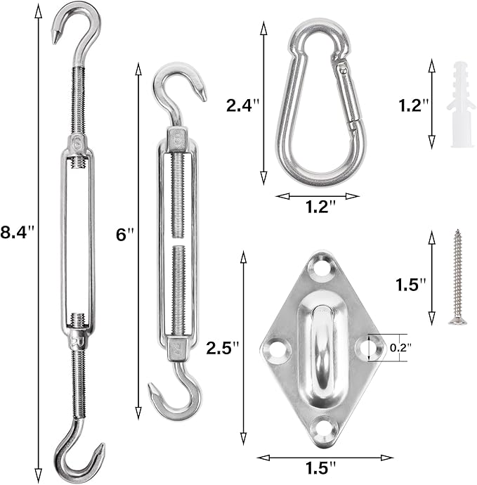 yofit 44 Pcs Shade Sail Hardware Kit, 6 Inch Outdoor Sun Sail Accessories, 304 Stainless Steel Turnbuckles & Brackets for Triangle/Rectangle Sails, Patio Canopy Installation Hardware Set Waterproof