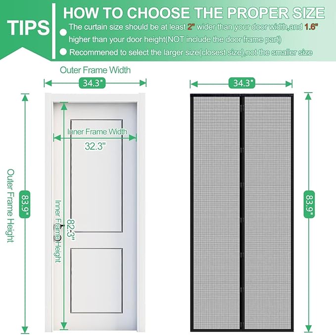 RELIANCER Fiberglass Magnetic Door Screen,Fit Door Size 32"x82",Auto Close Screen Door Mesh w/Magnets,Patio Doorway Net Screens,Self-Closing Doors Cover,Anti Mosquito Doorway Curtain,Mesh Partition