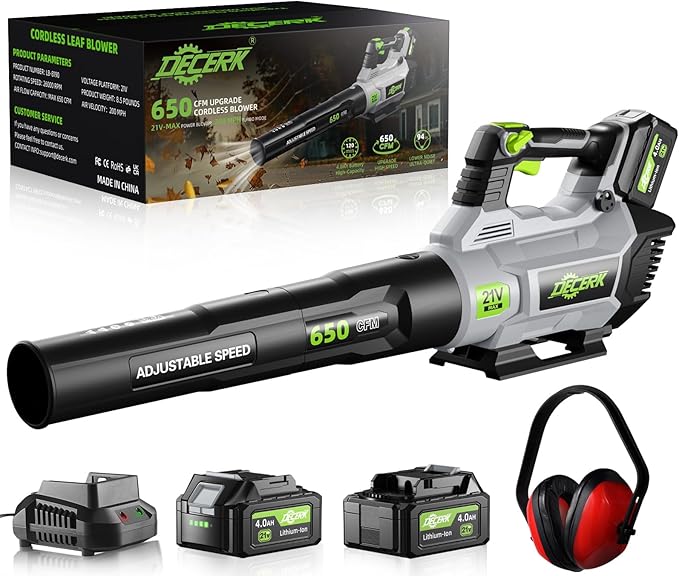 Leaf Blower Cordless, 21V Electric Leaf Blowers with 2X 4.0Ah Battery, Lightweight Snow Blower with Turbo Button, Variable Speed Dial, and Cruise Control for Sidewalks, Garages, Yards & Patios