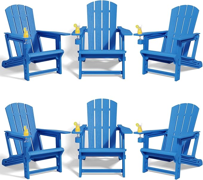 Adirondack Chairs Set of 6,Plastic Adirondack Chair with Cup Holders, All-Weather Outdoor Fire Pit Patio Chairs for Lawn,Backyard Deck, Porch,400LBS Heavy-Duty,Klein Blue