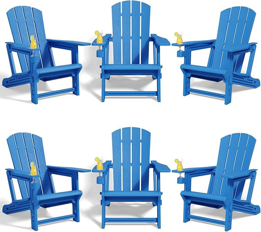 Adirondack Chairs Set of 6,Plastic Adirondack Chair with Cup Holders, All-Weather Outdoor Fire Pit Patio Chairs for Lawn,Backyard Deck, Porch,400LBS Heavy-Duty,Klein Blue