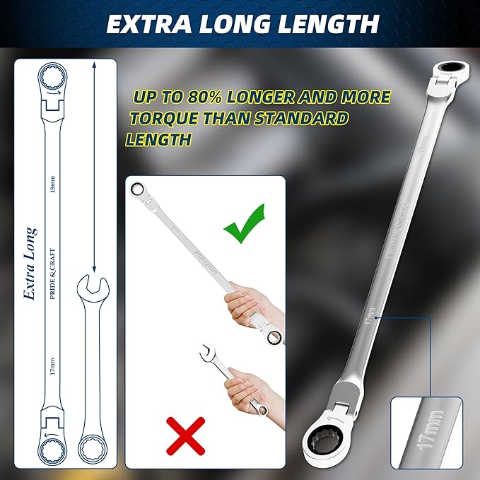 PRIDE&CRAFT 6-Piece Extra Long Flex Head Ratcheting Wrench Set - Metric Double Box End (8-19mm), CR-V Steel, 90-Tooth Ratchet Wrench for Automotive Repair, EVA Organizer