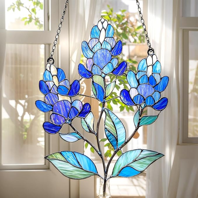 Texas Bluebonnet Christmas Ornament Boho Suncatcher Window Hanging Acrylic Stained Glass Effect Art Garden Decor Unique Botanical Gift for Mom Women Grandma Thanksgiving