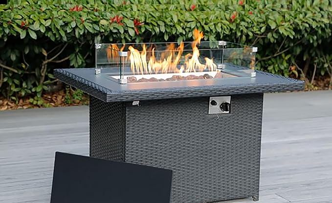 7 Piece Outdoor Patio Furniture Black Wicker Sunbrella Coal Conversation Set with Fully Assembled Sectional and 42-inch Propane Gas Fire Table