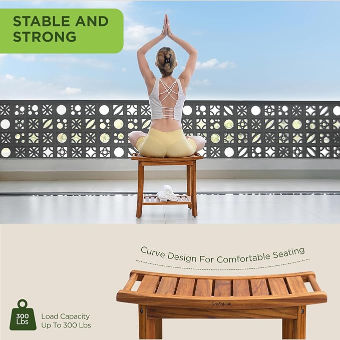 Premium 22" Teak Shower Bench with Handles, Waterproof Teak Shower Stool, Wooden Stool for Bathroom, Teak Wood Shower Seat Chair for Shower Storage Shelf, 300 Lbs Capacity