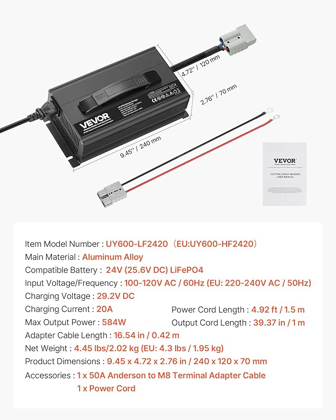 VEVOR 24V 20A Lithium Battery Charger, 29.2V, AC-DC LiFePO4 Smart Charger, with Anderson Connector, LED Indicator, 0V Activation, for Lithium LiFePO4 Deep Cycle Rechargeable Batteries of Boat, RV