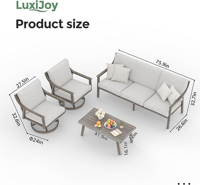 Patio Conversation Sets 4 Pieces - Aluminum 3 Seater Sofa Outdoor Furniture Sets with Thick Cushion, Coffee Table and Swivel Chairs Set of 2, Rustproof and Waterproof for Porch Deck Yard, Grey