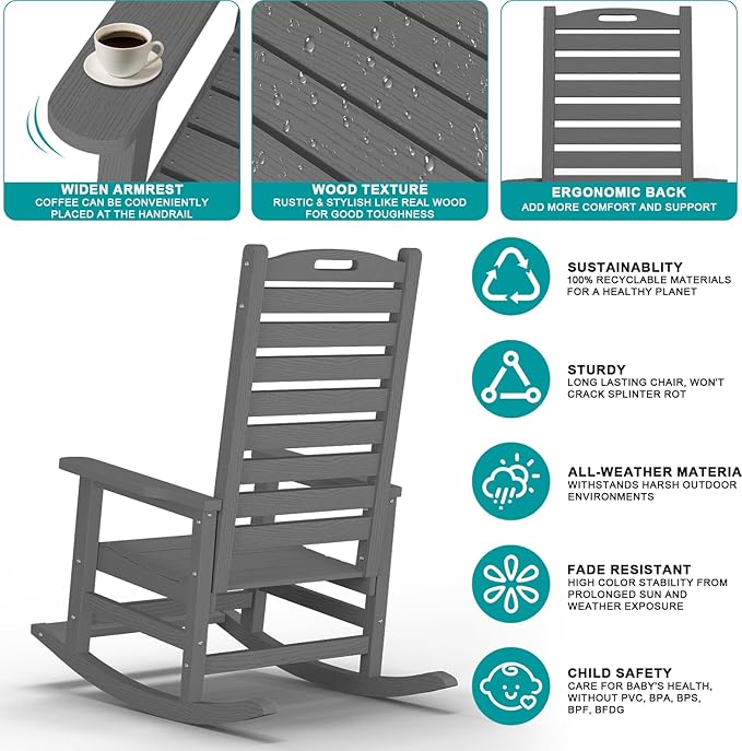 Outdoor Rocking Chair Set of 4 with Removable Footboard for Adults, HDPE High Back Patio Rocking Chairs, 330lbs All Weather Porch Rocking Chairs for Outdoor & Indoor -Grey
