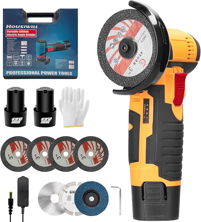Cordless Angle Grinder, Mini Angle Grinder 19500RPM with 7 Cutting Discs and 2pcs Batteries, 76mm Side Disc Small Battery Grinding Tool for for Cutting Polishing and Sharpening