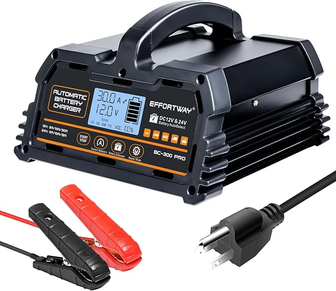 30A Battery Charger, 12V LiFePO4,12V/24V Lead-Acid Portable Automotive Battery Charger, 6-Stage Trickle Charger, Automotive Battery Maintainer for Cars, Trucks, Motorcycles and Lawnmowers