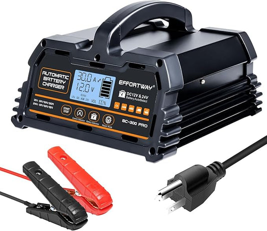 30A Battery Charger, 12V LiFePO4,12V/24V Lead-Acid Portable Automotive Battery Charger, 6-Stage Trickle Charger, Automotive Battery Maintainer for Cars, Trucks, Motorcycles and Lawnmowers