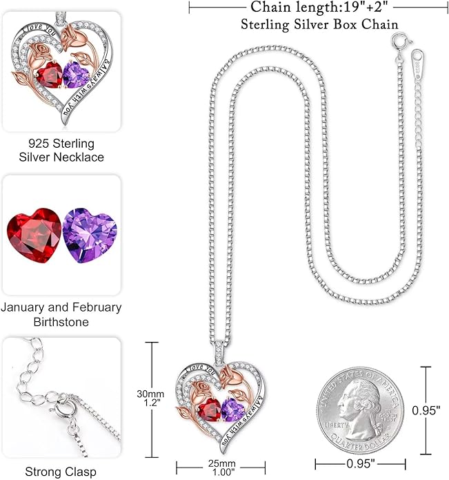 Iefil Christmas Gifts for Women Wife - 925 Sterling Silver Rose Heart Birthstone Necklace Birthday Anniversary Jewelry Gifts for Her Wife Mom Daughter