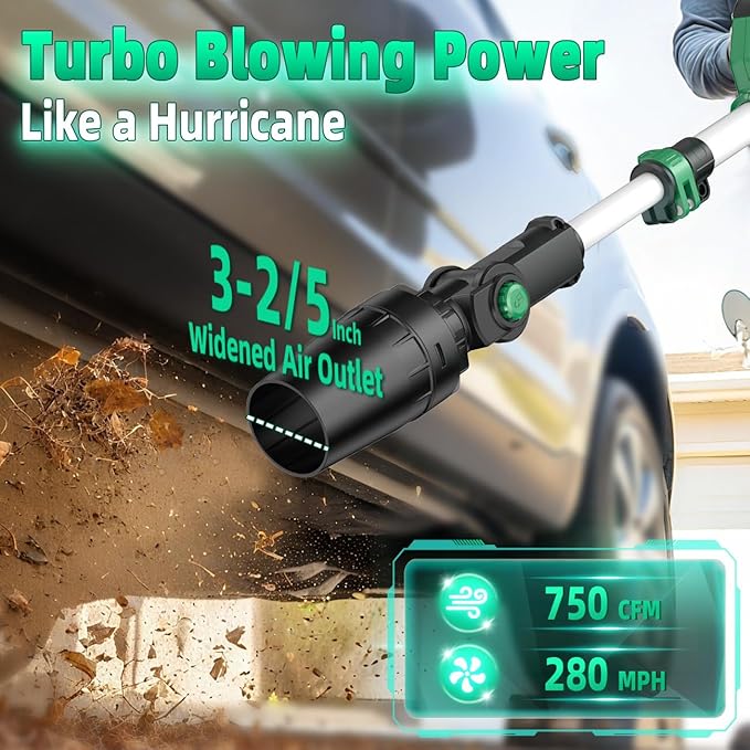 KIMO Leaf Blower Cordless with Battery and Charger, 310000RPM, 37Inch Telescopic Pole, 750CFM 280MPH, 3Speeds w/Smart Panel, Lightweight 2.5Lb, 4000mAh Battery Operated Leaf Blowers for Lawn Care Snow