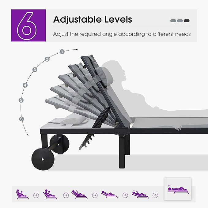 PURPLE LEAF Outdoor Tanning Lounge Chair Set with Face Hole Aluminum Adjustable Chairs Wheels Pillows and Table for Poolside Beach Patio Reclining Sunbathing Lounger Grey