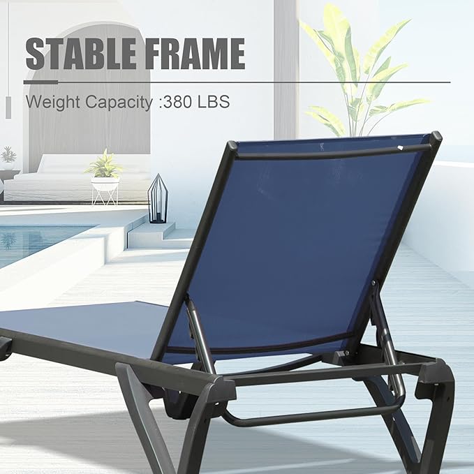 Domi Outdoor Lounge Chair Set of 2, Aluminum Patio Chaise Lounge with 5 Position Adjustable Backrest and Wheels, All Weather Reclining Chair for Patio, Navy Blue