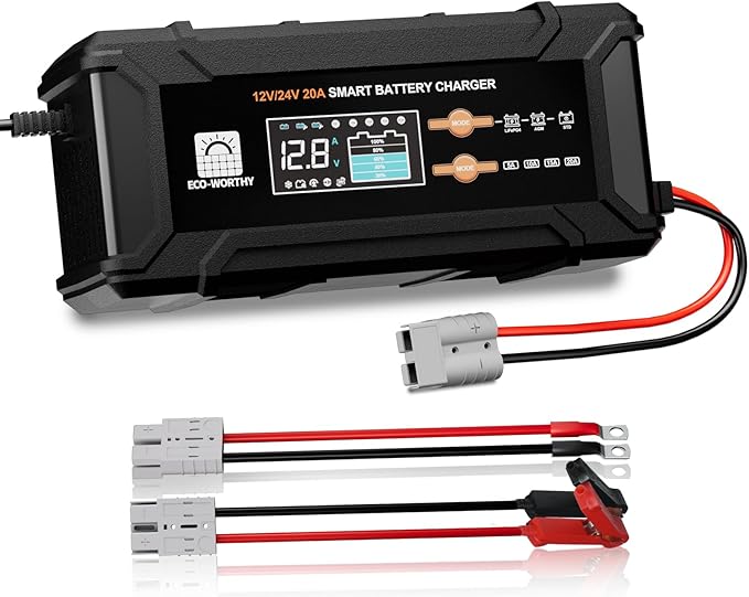 ECO-Worthy 12V/24V 20A Smart Battery Charger Maintainer, Auto Voltage Detect for LiFePO4 Lead-Acid with Multi-Current Options 5A/10A/15A/20A, Trickle Charger for Car Motorcycle Lawn Mower RV Camping