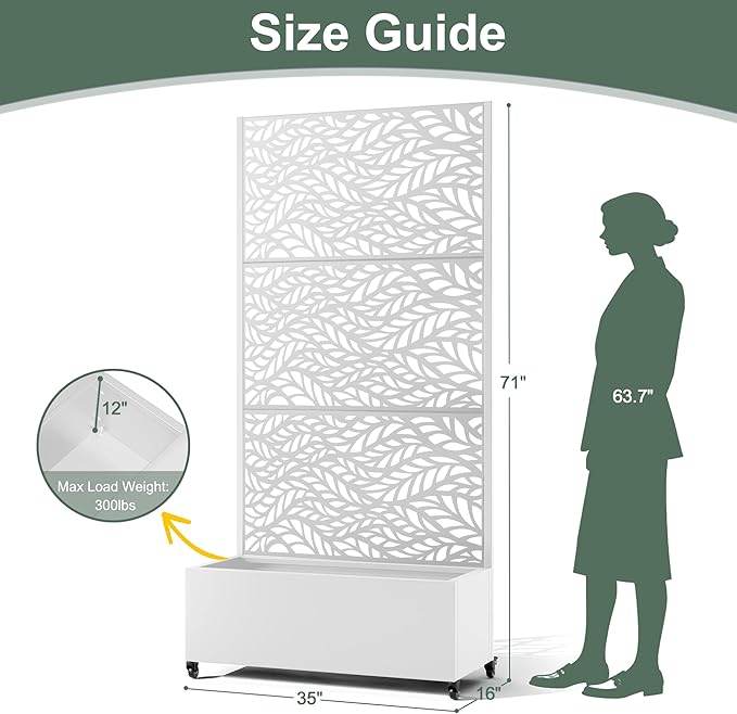Metal Standing Planter Box with Trellis, Privacy Planter for Patio, Outdoor Raised Garden Beds with Trellis for Climbing Plants, Garden Boxes with Wheels & Drainage Holes (35"L, White Spring)