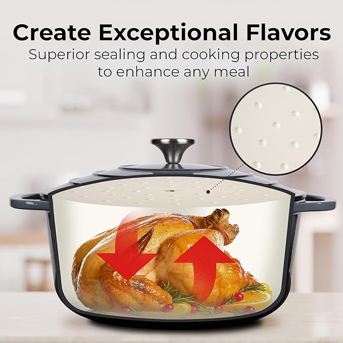 Zulay Kitchen 7.7 Quart Enameled Cast Iron Dutch Oven Pot with Lid – Premium Durability & Oven Safe up to 500°F – Heavy Duty Cookware Perfect for Bread Baking, Stews, Braising & Roasting – Gray