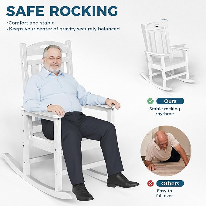 Ciokea Oversized Outdoor Rocking Chair, HDPE Porch Rocking Chair for Outside, Weatherproof Comfortable Patio Rockers for Front Deck Balcony, White
