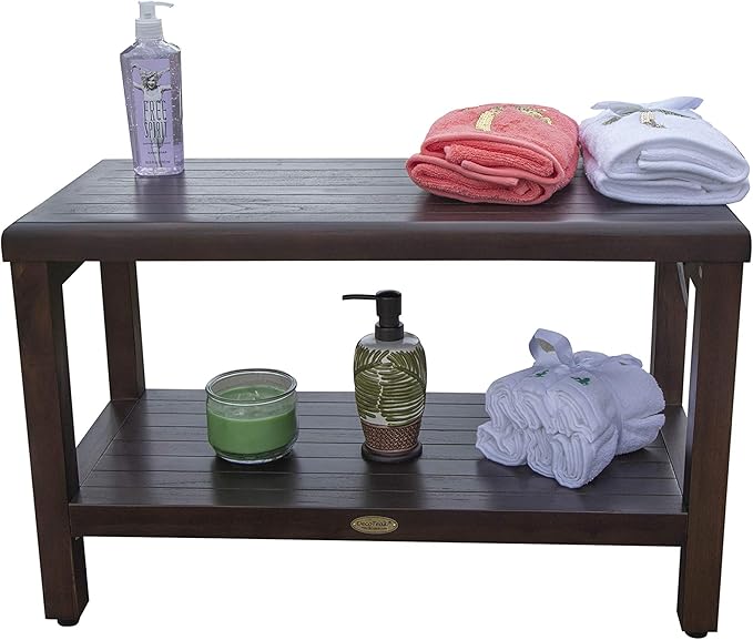 DecoTeak Eleganto 30 Inch Brown Waterproof Teak Wood Shower Bench Stool Seat Chair for Inside Shower Storage Shelf Provides Safety, Storage, and Organization for Bathroom Accessories