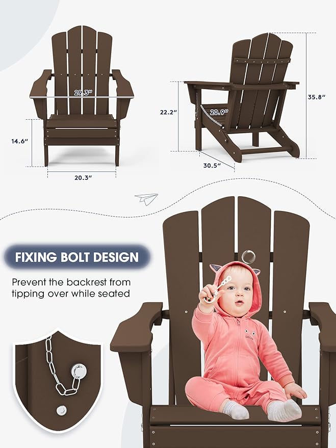 KINGYES Folding Adirondack Chair, HDPE All-Weather Patio Chairs, Wooden Textured Lawn Chair for Poolside, Backyard, Deck, Fire Pit, Coffee