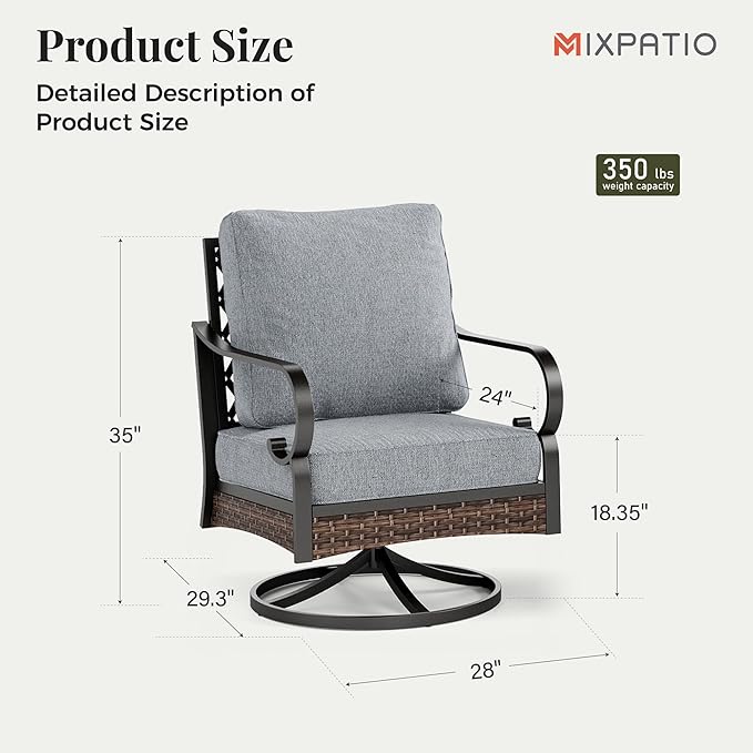 Outdoor Patio Swivel Sofa Chairs Set of 2 Steel Frame Porch Furniture with Deep Seating and 5.75" Cushions for Lawn Backyard Deck, Grey