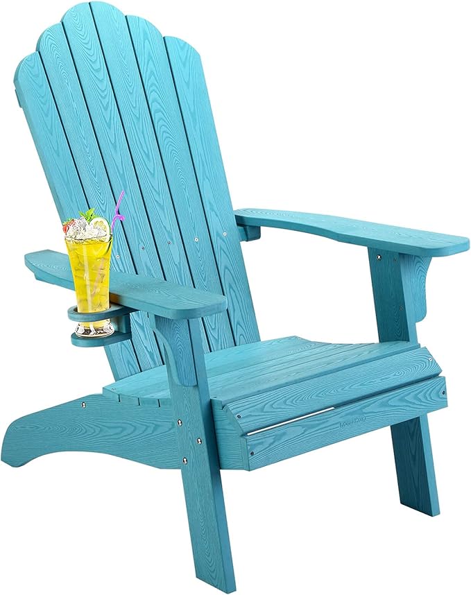 hOmeHua Oversized Adirondack Chair, HIPS Adirondack Chairs Weather Resistant with Cup Holder, Plastic Outdoor Chair for Patio, Backyard Deck, Fire Pit Lawn Porch (Lake Blue)