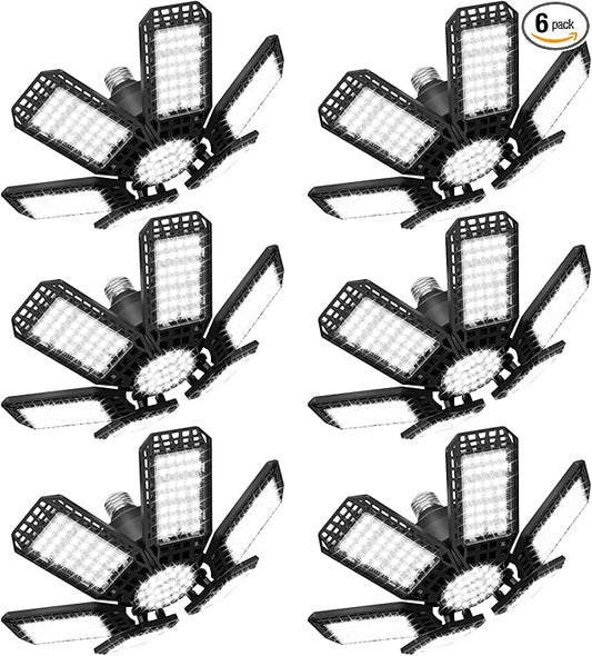 6 Pack Garage Light, 200W 20000LM 6500K LED Shop Lights, LED Garage Ceiling Lights with 6+1 Adjustable Panels for Basement, Barn, Warehouse, Attic Lighting Support E26/E27 Socket