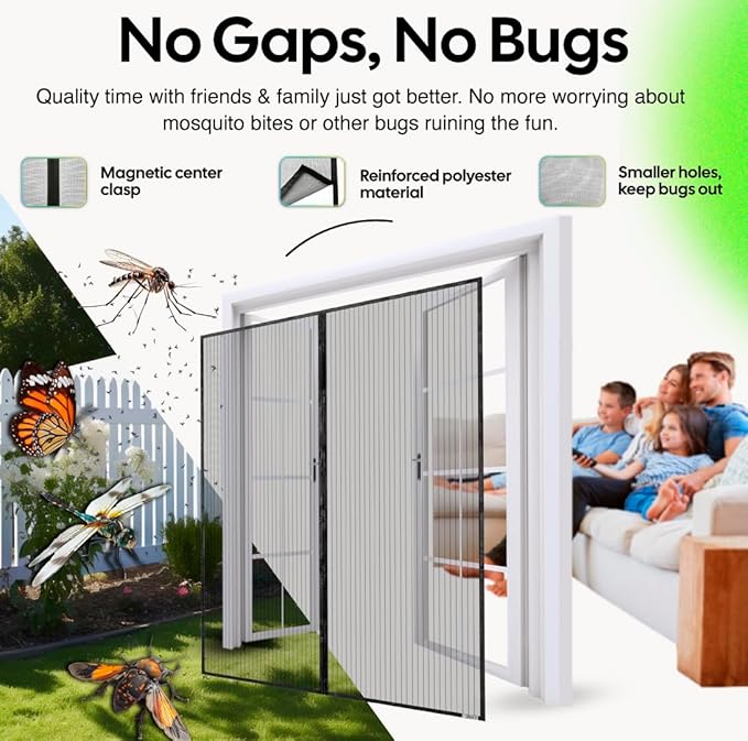 UnBugs Magnetic Screen Door - Fits French Door & Double Doors up to 62 x 82 Inches MAX - Pet & Kid Friendly, Self-Closing - Hands Free Magnet Closure Keeps Bugs Out & Breeze in