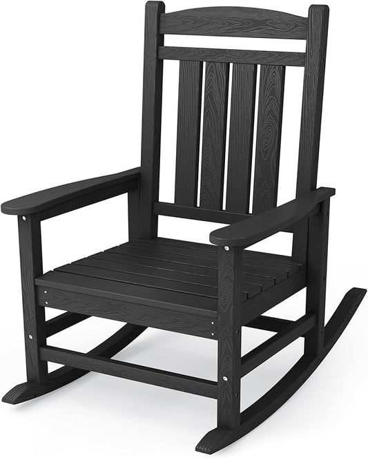 KINGYES HDPE Outdoor Rocking Chair, Widened Seat Patio Rocking Chair, Oversized All Weather Patio Rocker, Black