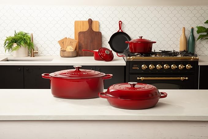 Larder & Vine 4-Piece Enameled Cast Iron Cookware Set: 8 Quart Dutch Oven with Lid, 3.6 Quart Braiser with Lid, Cast Iron Cookware with Oversized Handles, Oven Safe up to 500°F (Cabernet)