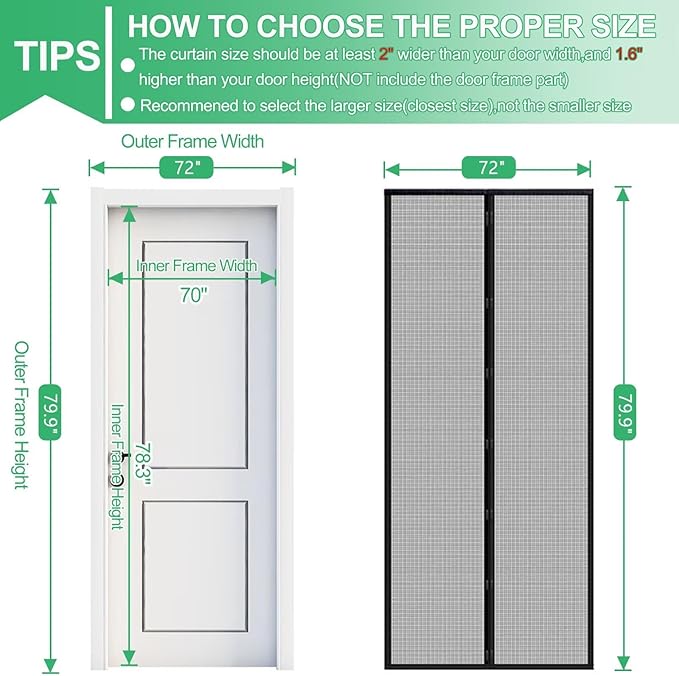 RELIANCER Fiberglass Magnetic Door Screen,Fit Door Size 70"x78",Auto Close Screen Door Mesh w/Magnets,Patio Doorway Net Screens,Self-Closing Doors Cover,Anti Mosquito Doorway Curtain,Mesh Partition