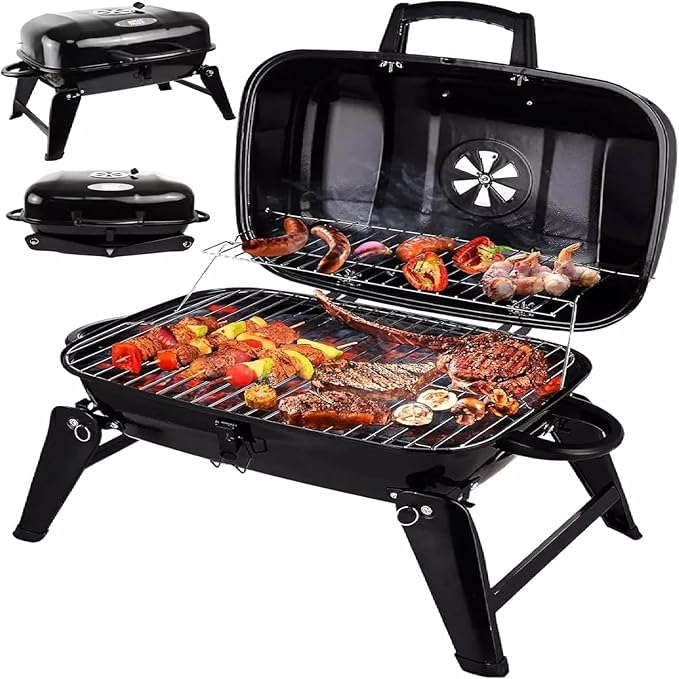 14" Portable Charcoal Grill for Outdoor Cooking, Tabletop BBQ Grill with Enamel Coating & Folding Legs,Compact Camping Grill for Tailgating, Picnics (Lightweight 8 Lbs, Black)