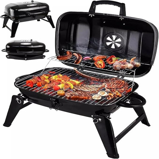 14" Portable Charcoal Grill for Outdoor Cooking, Tabletop BBQ Grill with Enamel Coating & Folding Legs,Compact Camping Grill for Tailgating, Picnics (Lightweight 8 Lbs, Black)